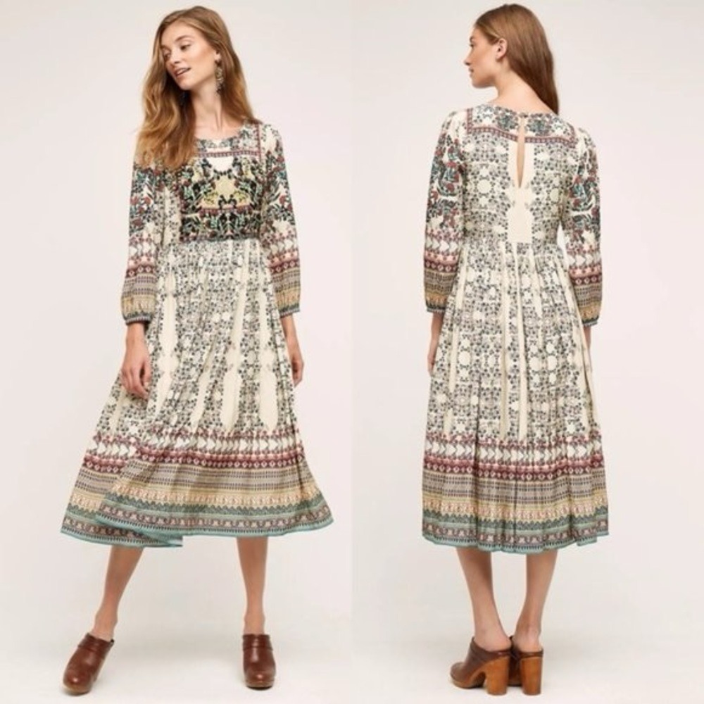 Bhanuni by Jyoti Beaded Embroidered Maxi Dress Cream Floral Boho Festival Size 4